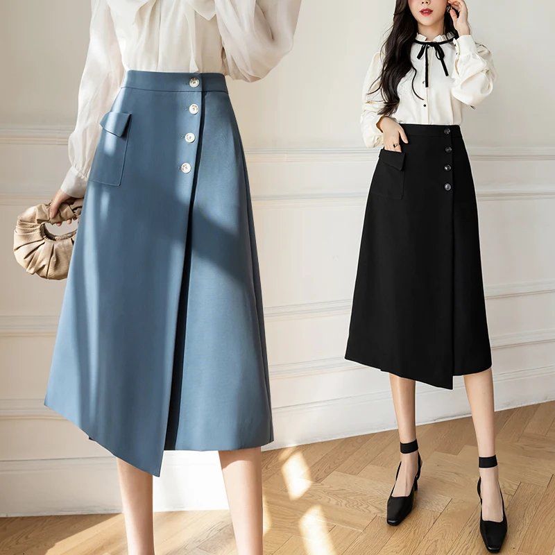 

2022 Spring Midi Long Skirt with Pocket Korean One Piece Skirts High Waist Buttons Slit Mid-Length Jupe Femme Elegant Falda Saia