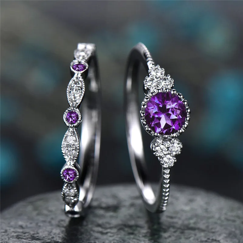 2pcs/set Zircon Silver Plated Ring Simple Luxury Jewelry For Women Girls Fashion Wedding Party Gifts Size 6-10 | Украшения и