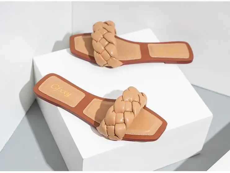 

XGRAVITY 2021 Summer Flat Shoes Square Toe Lady Weave Ladies Fashion Slides Female Woman Footwear Knitting Elegant Slippers Hot