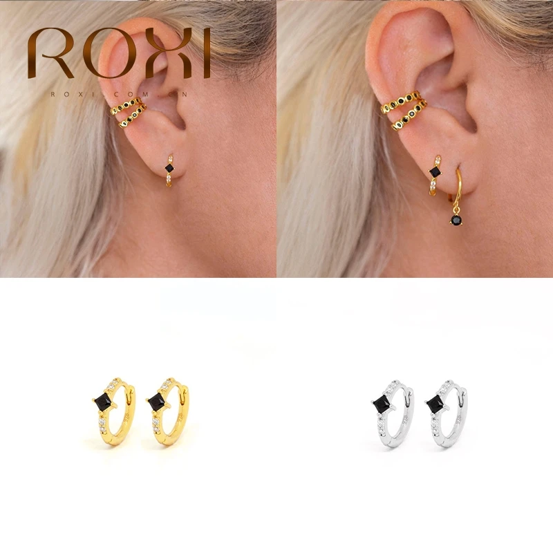 Женские серьги кольца из серебра 925 пробы с квадратными фианитами|Серьги-кольца| |