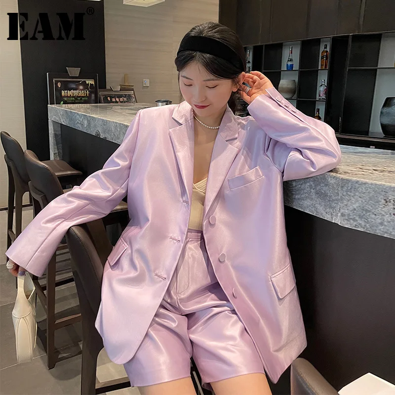 

[EAM] Women Purple Brief Big Size Casual Blazer New Lapel Long Sleeve Loose Fit Jacket Fashion Tide Spring Autumn 2022 1DE0144
