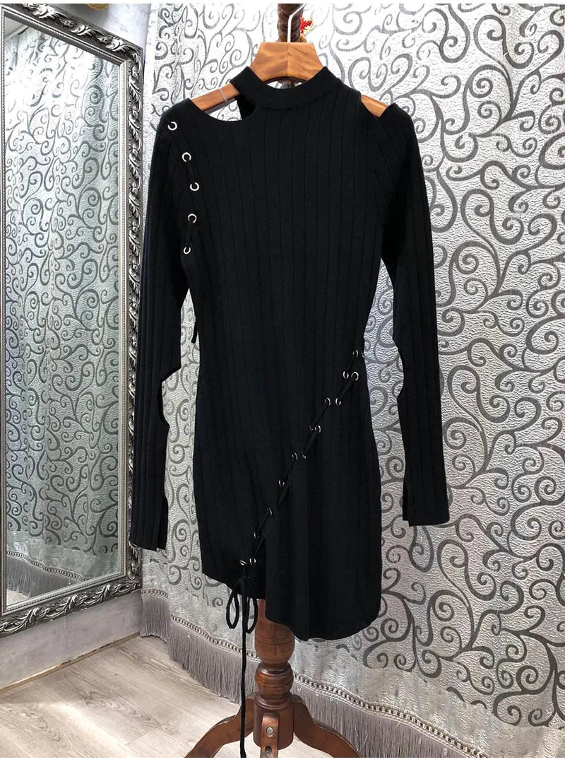 

Knitted Dress 2020 Autumn Winter Casual Sweater Dress Women Hollow Out Shoulder Drawstring Deco Long Sleeve Purple Black Dress