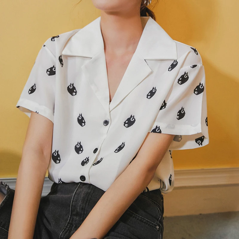 

Notched Collar Blouse Women Cat Pattern Cute Shirts Women Shorts Sleeve Tops Female blusas mujer de moda 2020 Chiffon Blusa S-L
