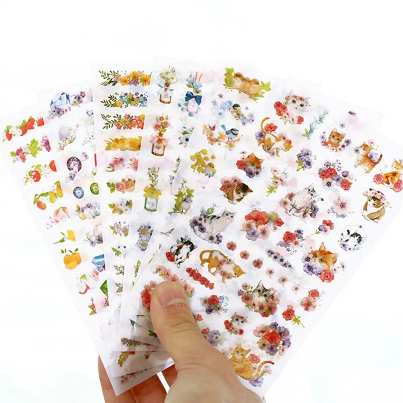 

6 Sheets Flower Series Sticker Set Cute Cat Bird Fruit Perfume Diamond Stickers Decoration for Album Diary Frame School 6956