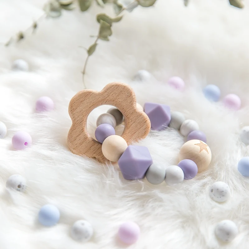 

1PC Silicone Beads Teether Wooden Beads Bracelet Nursing Teething Toys BPA Free Beech Wooden Star Bracelet DIY Baby Teether