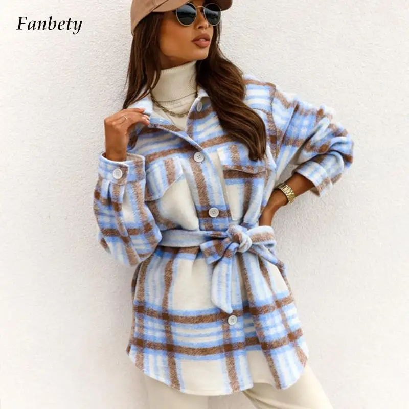 

New Vintage Plaid Print Jacket Coat Women Fashion Turn-down Collar Button Office Tops Outerwear Spring Autumn Loose Cardigan
