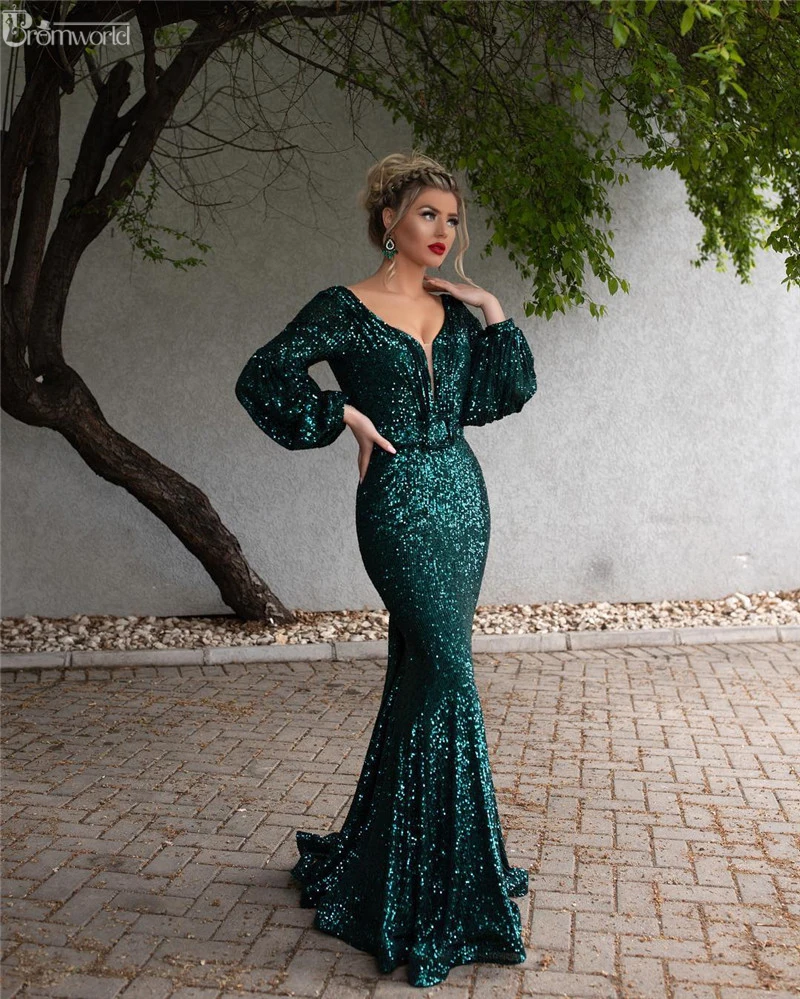 Green Muslim Evening Dresses Long 2021 V-Neck Full Sleeves Sexy Backless Formal Mermaid Gowns Vestido De Festa Longo | Свадьбы и