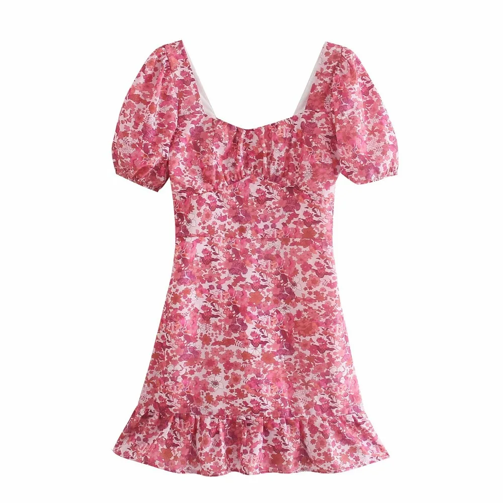 

2021 Summer Floral Suqare Neck Ruffle Dress For Women Holiday Streetwear Slim Dresses Ladies Puff Sleeve Vestidos