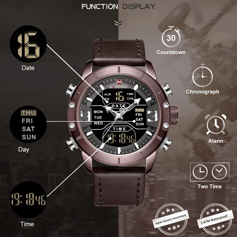 Роскошные часы NAVIFORCE мужские военные спортивные наручные с кожаным ремешком