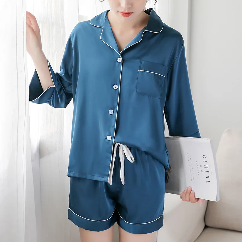 Casual Women Sleepwear 2PCS Pajamas Set Satin Shirt&ampShorts Silky Nightwear Kimono Bathrobe Gown Soft Intimate Lingerie Pijamas | Женская