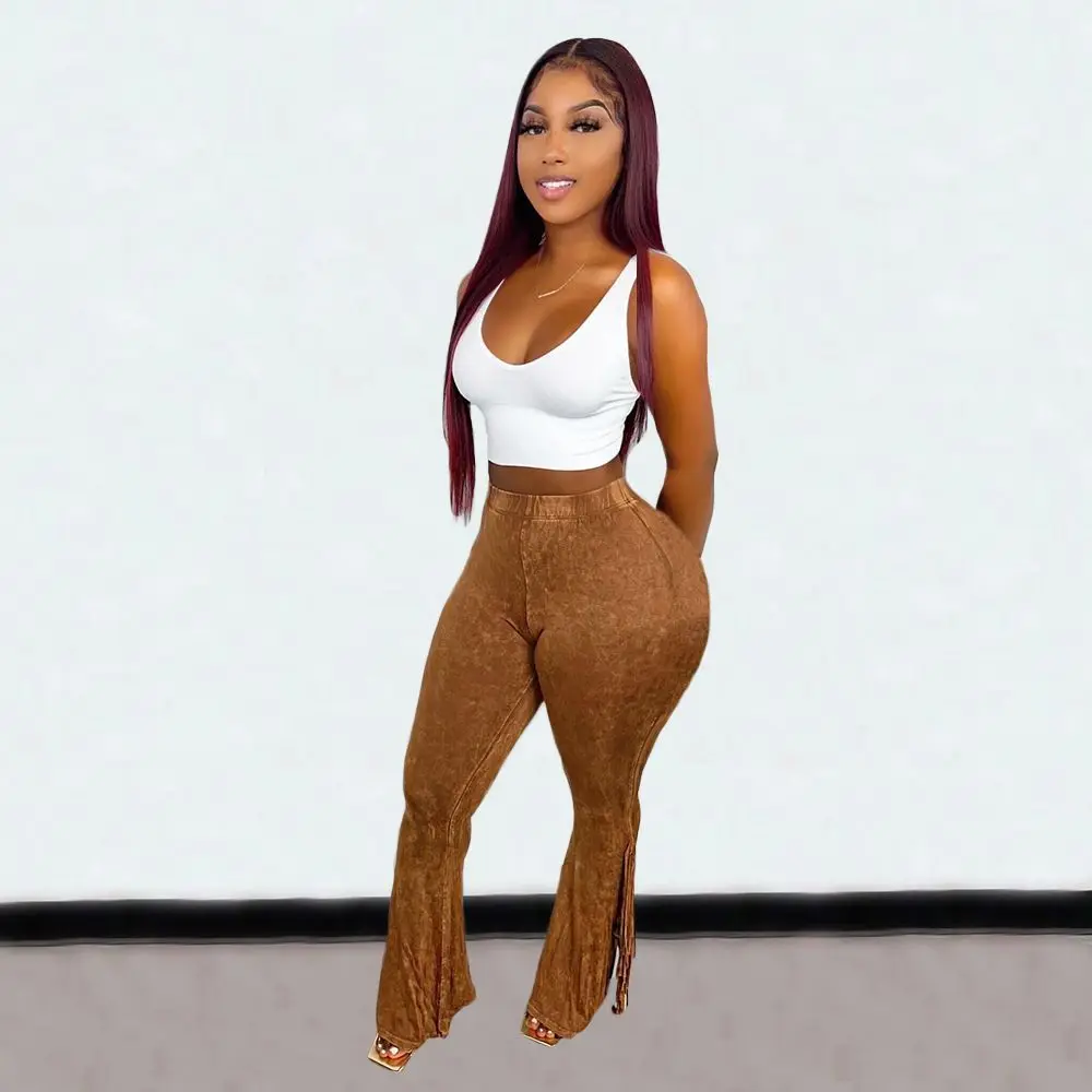 

Женские Облегающие расклешенные брюки с высокой талией и кисточками, Привлекательные длинные брюки с флисовой подкладкой и запахом, осень 2021, Повседневная однотонная уличная одежда