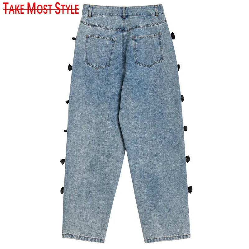 

High Waist Blue Side Bow Spliced Long Wide Leg Jeans New Loose Women Trousers Fashion Tide Spring Autumn 2021
