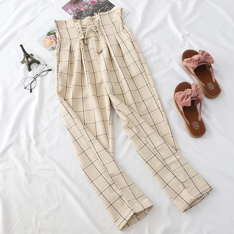 2020 Fashion Women Lace Up High Waist Ankle Length Loose Plaid Harem Pants Bandages Tie Ruffle Japanese Harajuku Casual