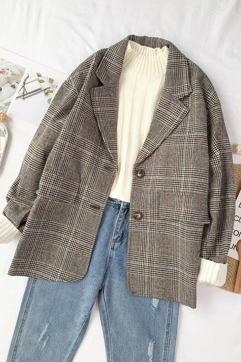 

Spring Autumn 2020 New Women's Jacket Korean Fashion Elegant Casual Coat Loose Plaid Jacket Handsome Small Suit Woolen Coats
