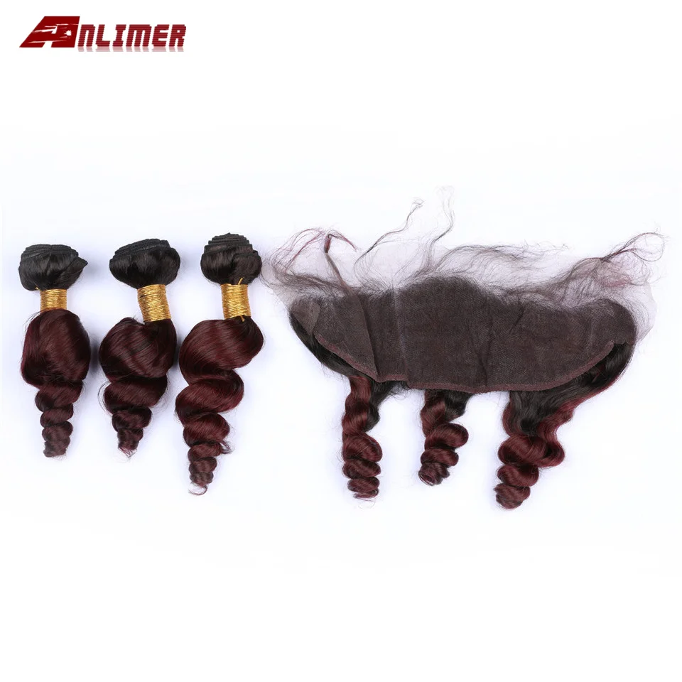 Anlimer 1B/99J Burgundy Bundles with Frontal 13*4 Peruvian Wave Human Hair Ombre 99J Non-Remy | Шиньоны и парики