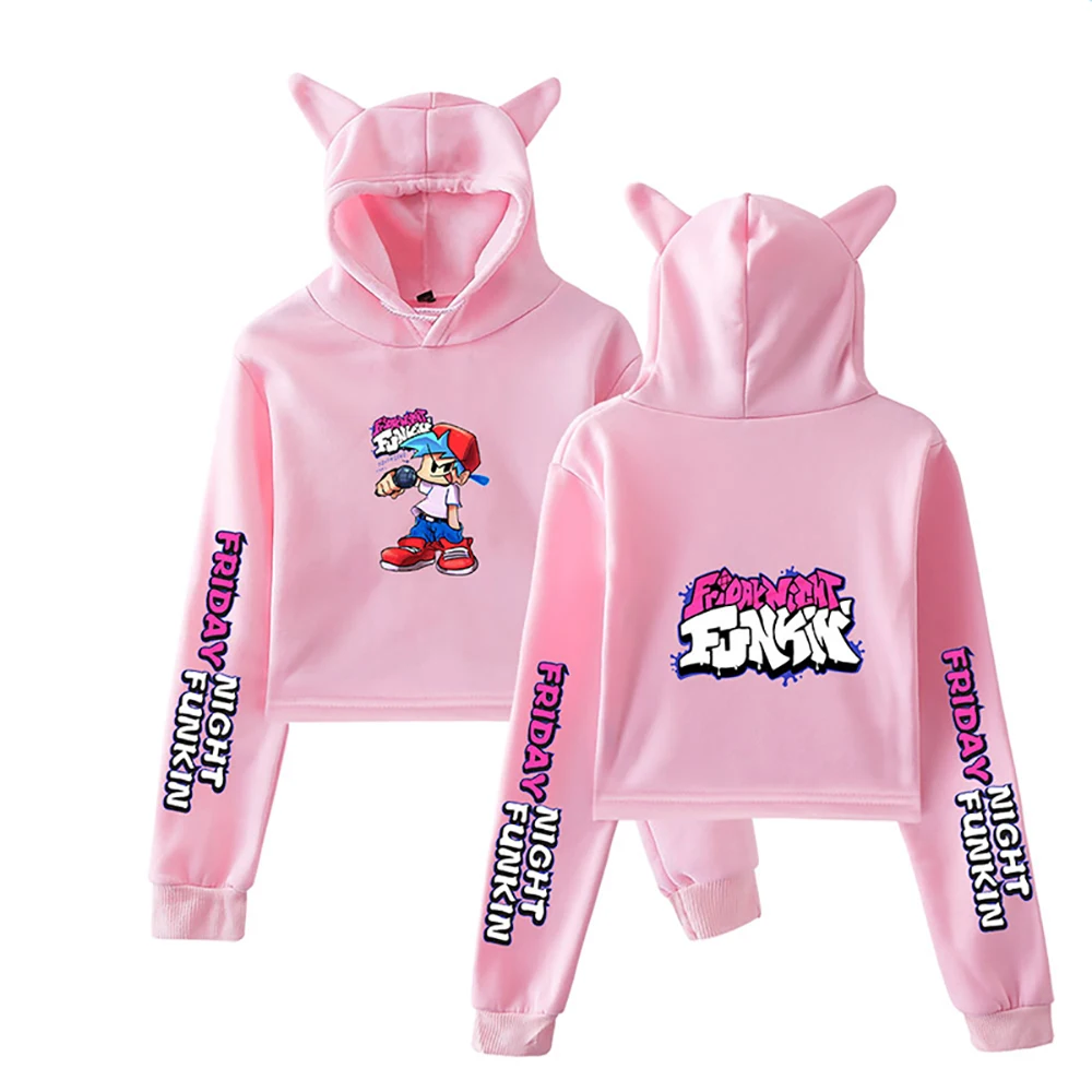 

New Friday Night Funkin Game Printing Cat Ear Crop Hoodies Girls Long Sleeve Hooded Pullover Tops Sexy Loose Ins Tide Streetwear