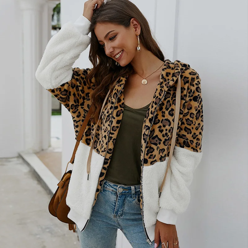 Флисовая женская куртка с леопардовым принтом Сезон осень зима Толстая Женская