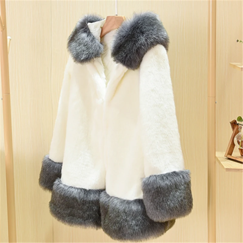 2023 New Winter Imitation Fur Imitation Fox Fur Collar Whole Mink Mid-length Fashion Mink Fur Hooded Jacket Women Wide-waisted