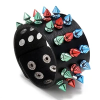 the new three row color spiked exaggerated punk leather bracelet personality street performance jewelry