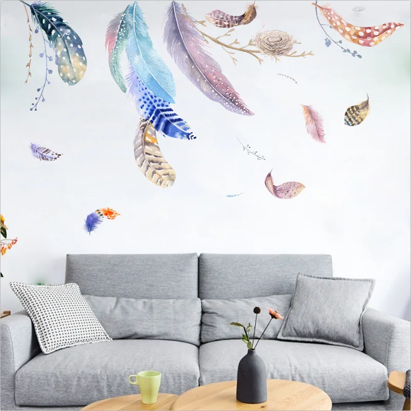 Большие многоцветные наклейки на стену с перьями для детской комнаты спальни