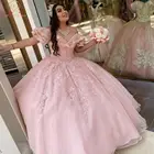 Розовое Пышное Бальное платье принцессы, бальное платье с открытыми плечами, украшенное бисером, из тюля, с кристаллами для платья для выпускного