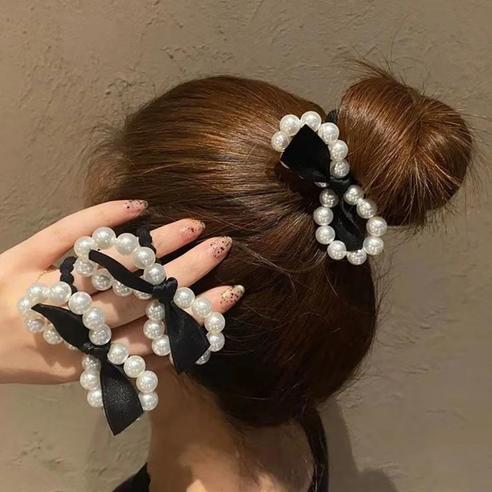 

Bow Black Pearl Hair Flowers Beads Headbands Ponytail Holder Girls Scrunchies Vintage Elastic Hair Bands Rubber Rope Headdr