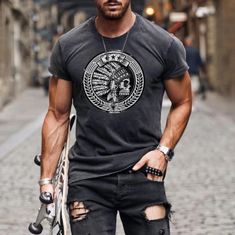 

2021 New Fashion Skull Print Short Sleeve T-Shirt Men Summer Vintage Streetwear Mens Clothes Casual Loose O-Neck Tee Shirts Tops
