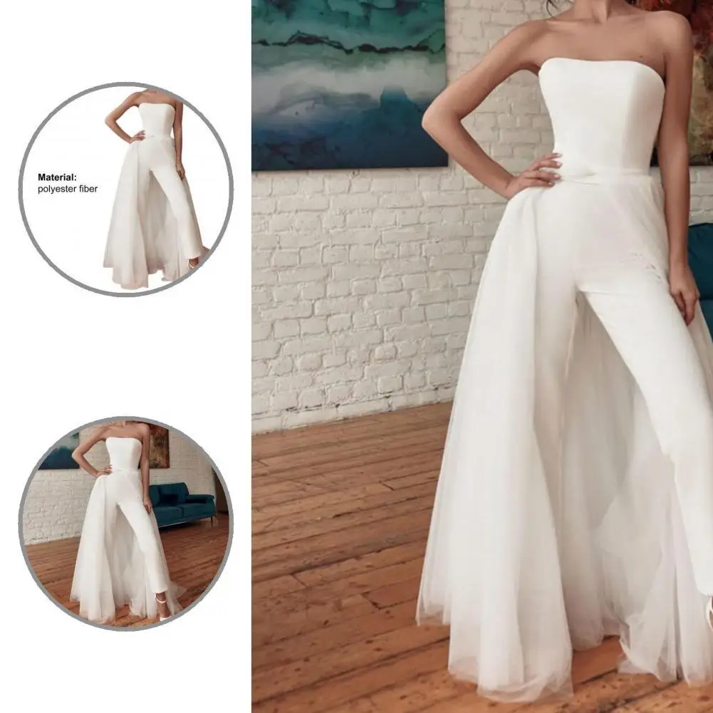 

Female Fashionable White Tulle Strapless Backless Jumpsuit Elegant Strapless Jumpsuit Sexy for Party