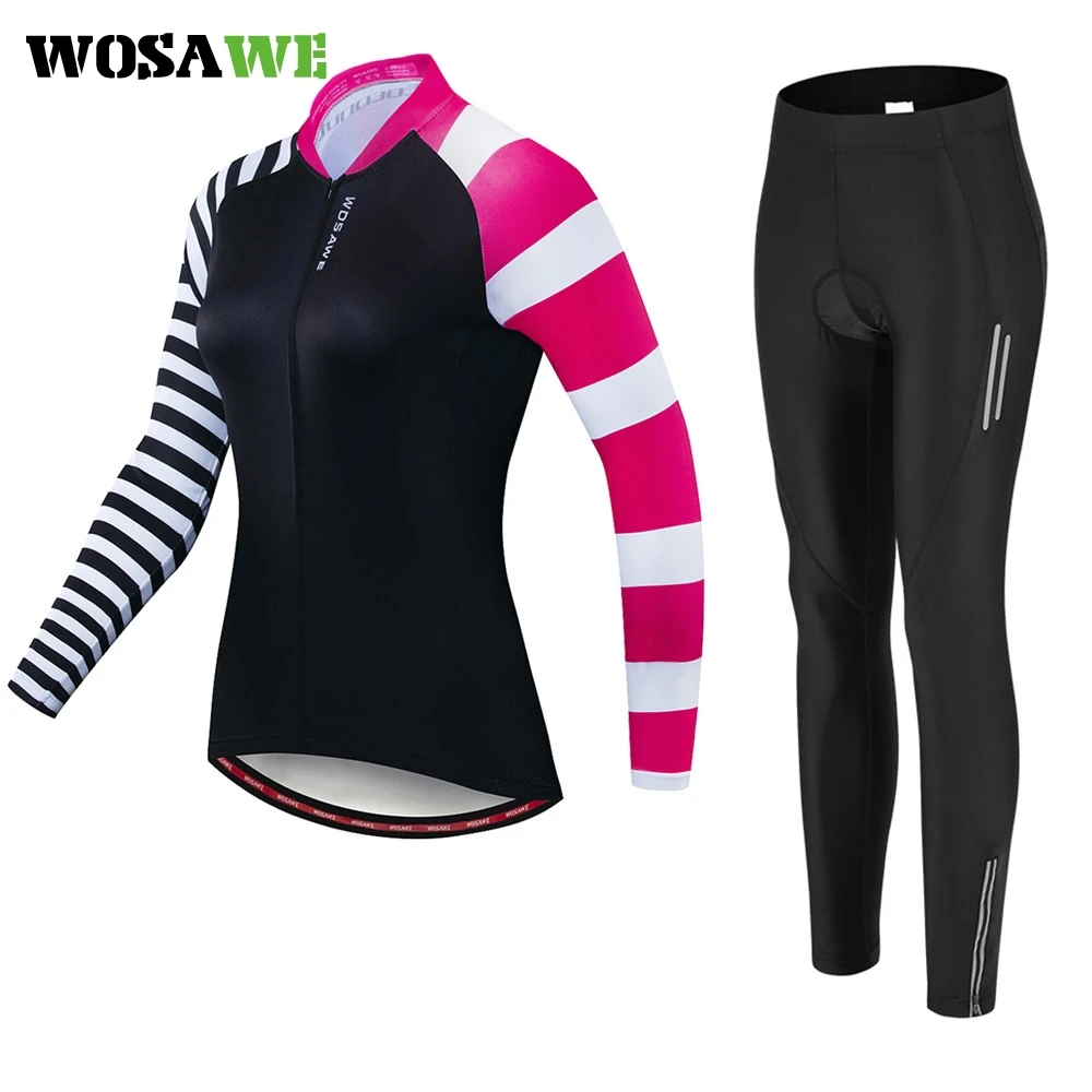 

WOSAWE Women Long Sleeve Pro Team Suit Jersey Skinsuit Bicycle Clothe Pink Gel Pad Reflective Quick Dry Breathable Summer Spring