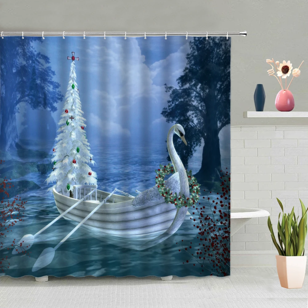 

Love Swan Shower Curtain Water Surface Swimming Animal Printed Bathroom Wall Hanging Curtains Waterproof Hook Screen Home Decor