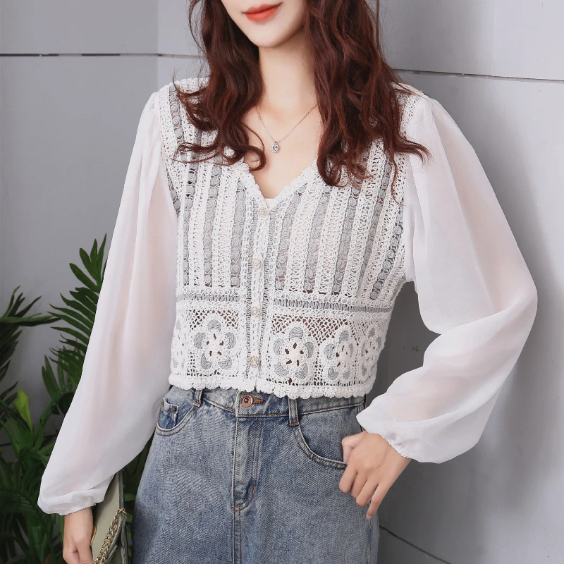 

Hollow Out Chiffon Stitch Long Sleeved Korean Autumn Elegant Fashion Blouses And Tops Women'S Shirt Clothing 2021 Female Vintage