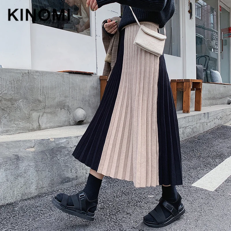 KINOMI зимняя женская вязаная плиссированная длинная юбка цветная Лоскутная с