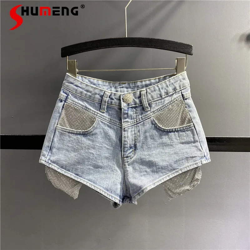 

Rhinestone Button Fly Patch Pocket Denim Shorts 2021 Summer Women's Slim Patchwork Short Jeans Woman A- Line Wide-Leg Hot Pants