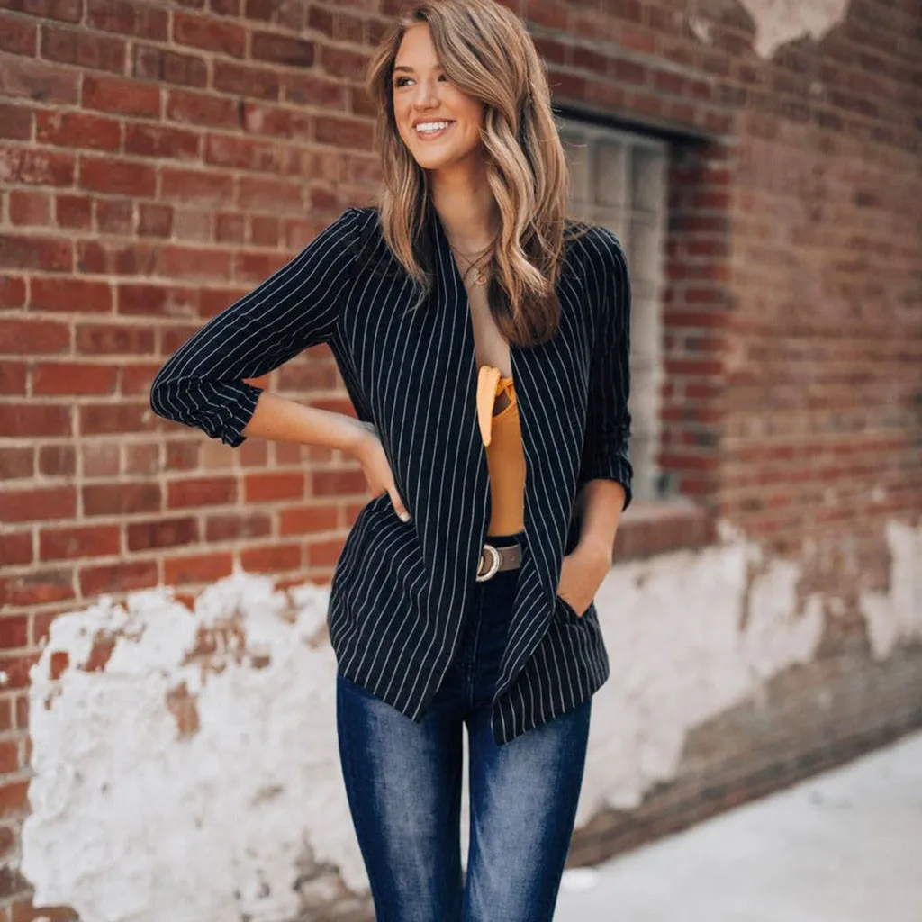 Женское пальто в полоску с длинным рукавом на пуговицах повседневное свободное