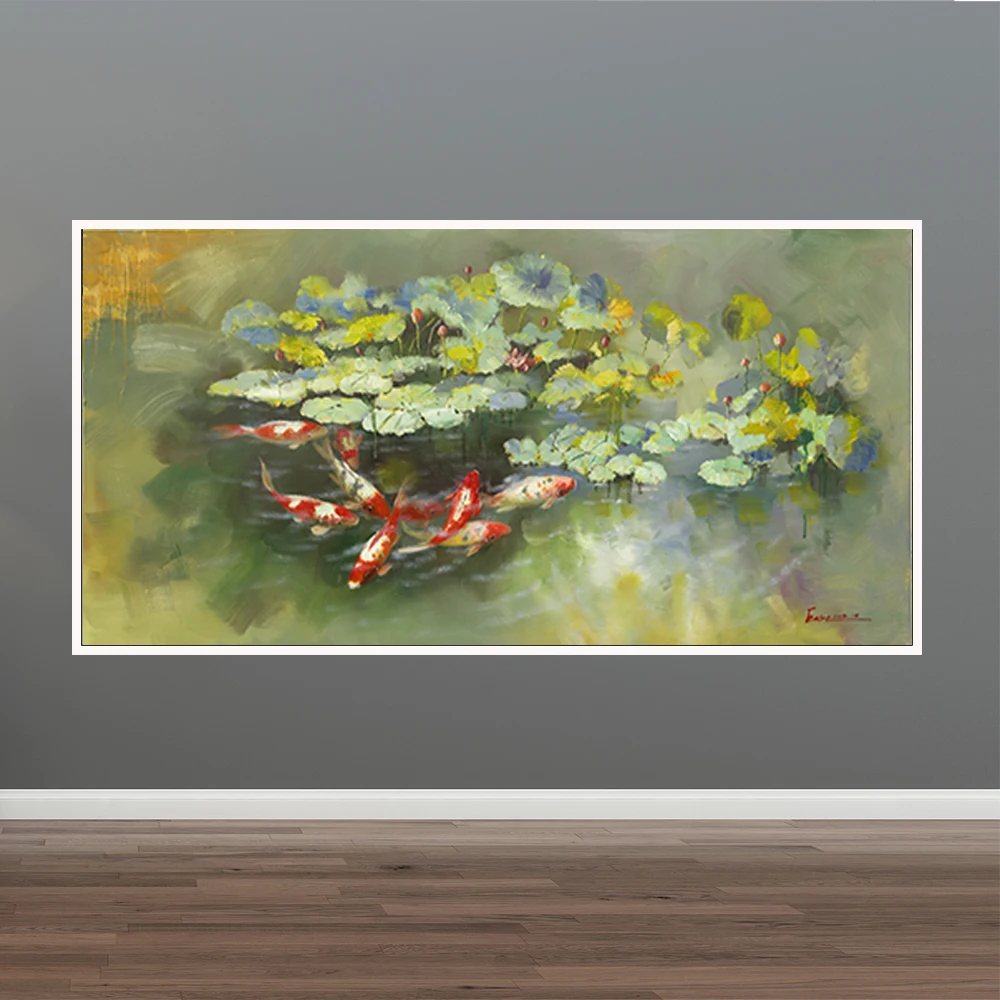 

Wall Art Picture Print Chinese Abstract Water Lily Nine Koi Landscape Oil Painting on Canvas Posters For Living Room Home Decor