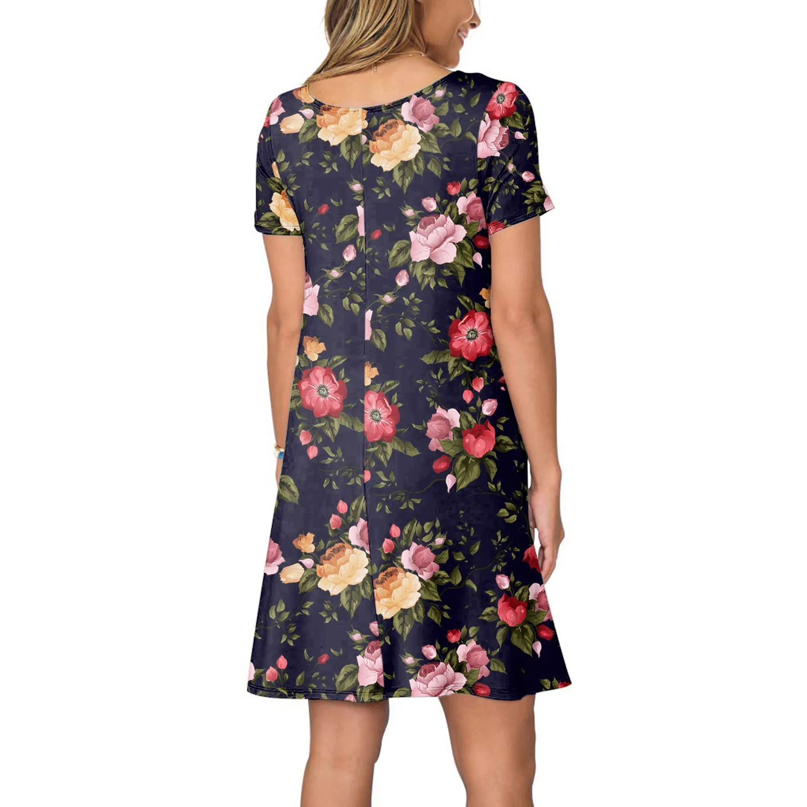 

40# Floral Printed A-line Dress Women 2021 Pleated Swing Pocket Dress O-neck Short Sleeve Loose Mini Dress Vestido De Mujer