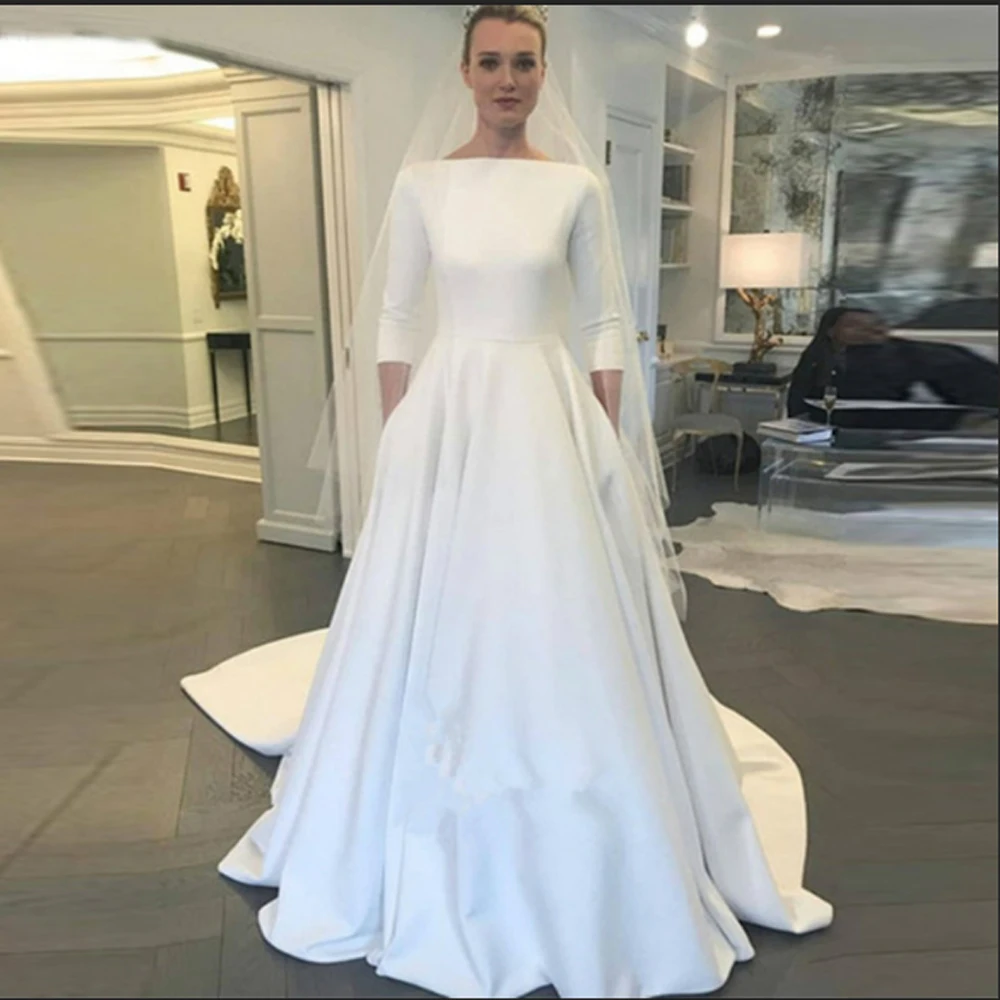 Cheap Elegant dressses for weddings 3/4 Long Sleeve Satin A-line Wedding Dress 2020 Bridal Gown vestido de novia