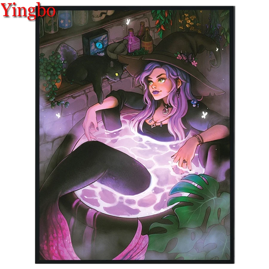 

Full Square Drill Diamond Painting Cartoon Mermaid Witch 5D Diamond Embroidery Rhinestone Mosaic Cross Stitch Home Decoration