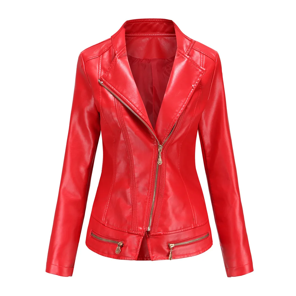 Spring Autumn Women's Pu Faux Leather Jacket Women Red Beige Green Zipper Slim Short Biker Jackets Coat Female Black Outwear