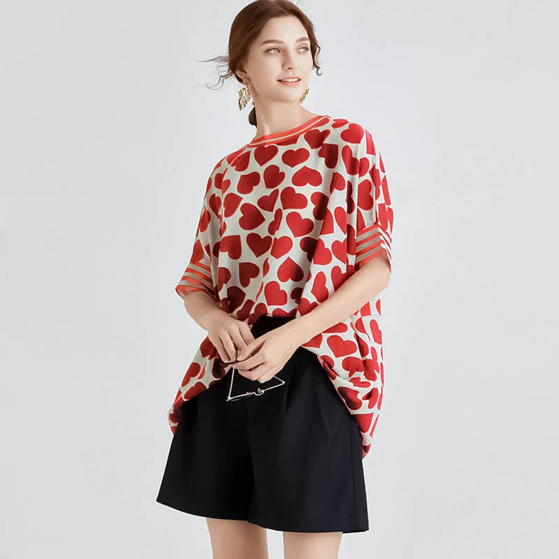 

LANMREM Women Black Patchwork Big Size Heart T-shirt Round Neck Half Sleeve Lady Fashion Tide Summer 2021 New Arrivals 2E1738