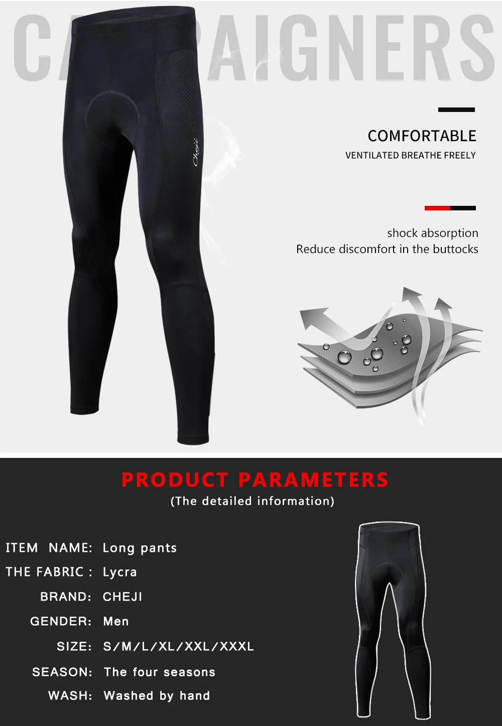 CHEJI Cycling Long Pants Gel Padded Men Black Breathable MTB Road Bike Lycra Bicycle Tights Cycling Trousers Clothing