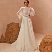 korean vintage wedding dresses 2021 high neck lace bride dress boho puff long sleeve beach wedding gowns button a line casamento