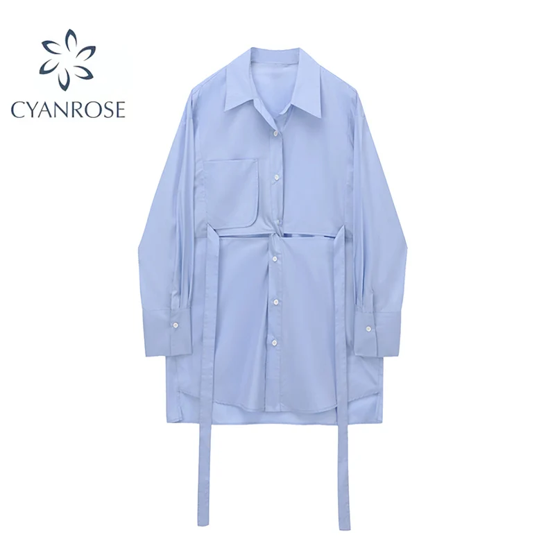 Женское Короткое платье-рубашка с завышенной талией синее простое