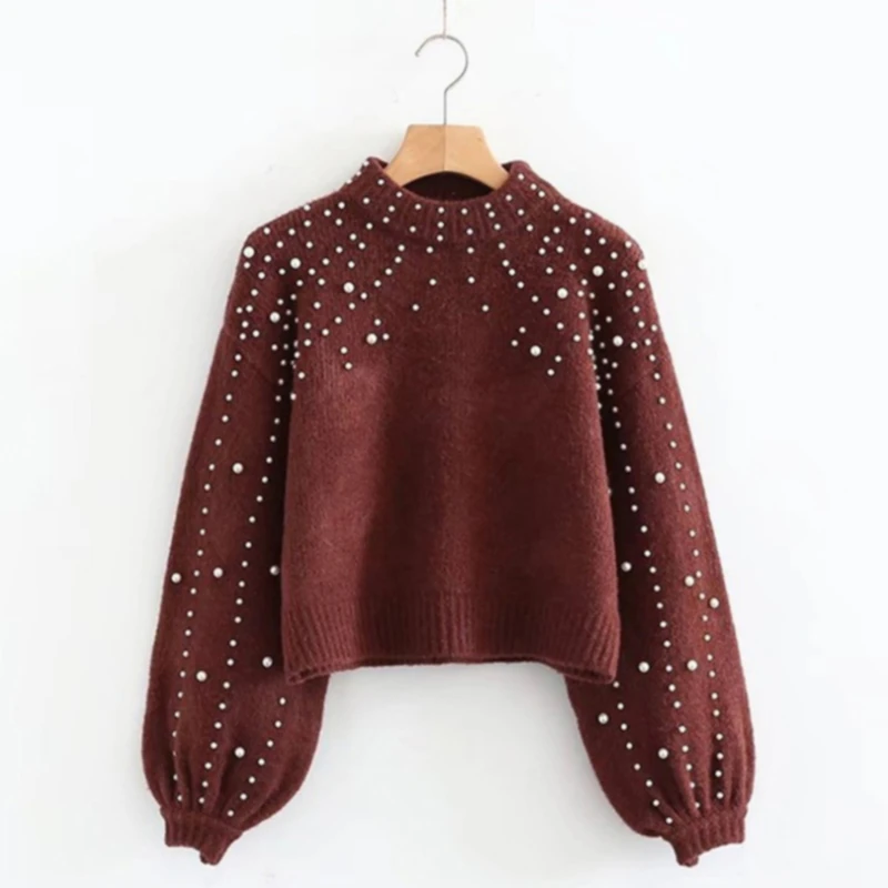 

Half Collar Sweater Autumn Winter Pearl Embellished Knitted Jumper Women's Sweaters Casual Loose Long Sleeve Pullovers Female