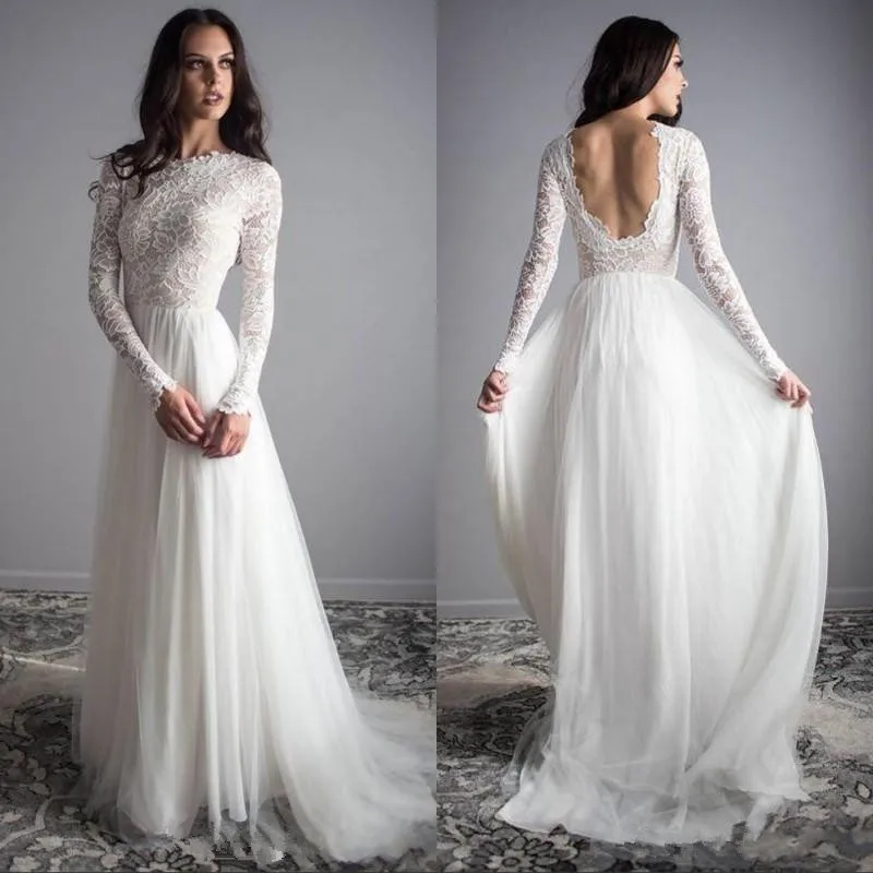 

Long Sleeves Lace Wedding Dresses Tulle Backless Outdoor Bridal Dresses Vintage Wedding Gowns Vestidos De Novia