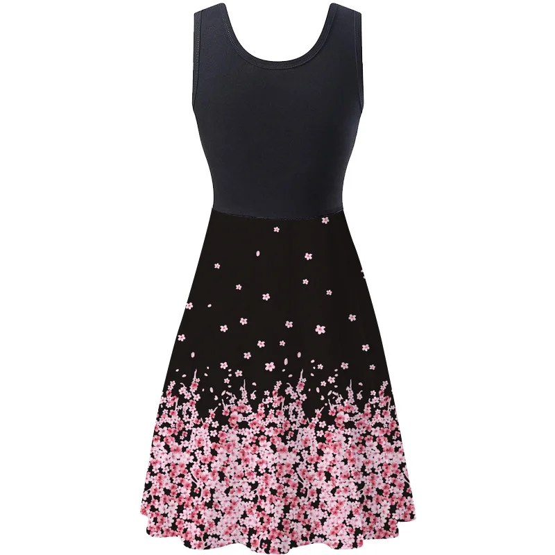 

Summer Women New sleeveless square neck digital print vest dress lady elastic waist big pendulum folds splicing mid length-skirt