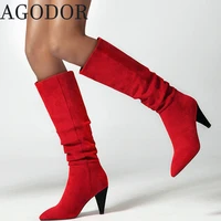 agodor women pointed toe knee high boots cone high heel knee length boots slouch knee high boots sexy women winter shoes