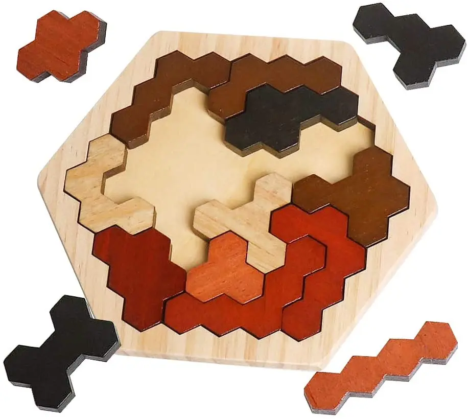 

Wooden Hexagon Puzzle for Kid Adults, Colorful Shape Pattern Block Tangram Brain Teaser Toy Geometry Logic IQ Game Gift