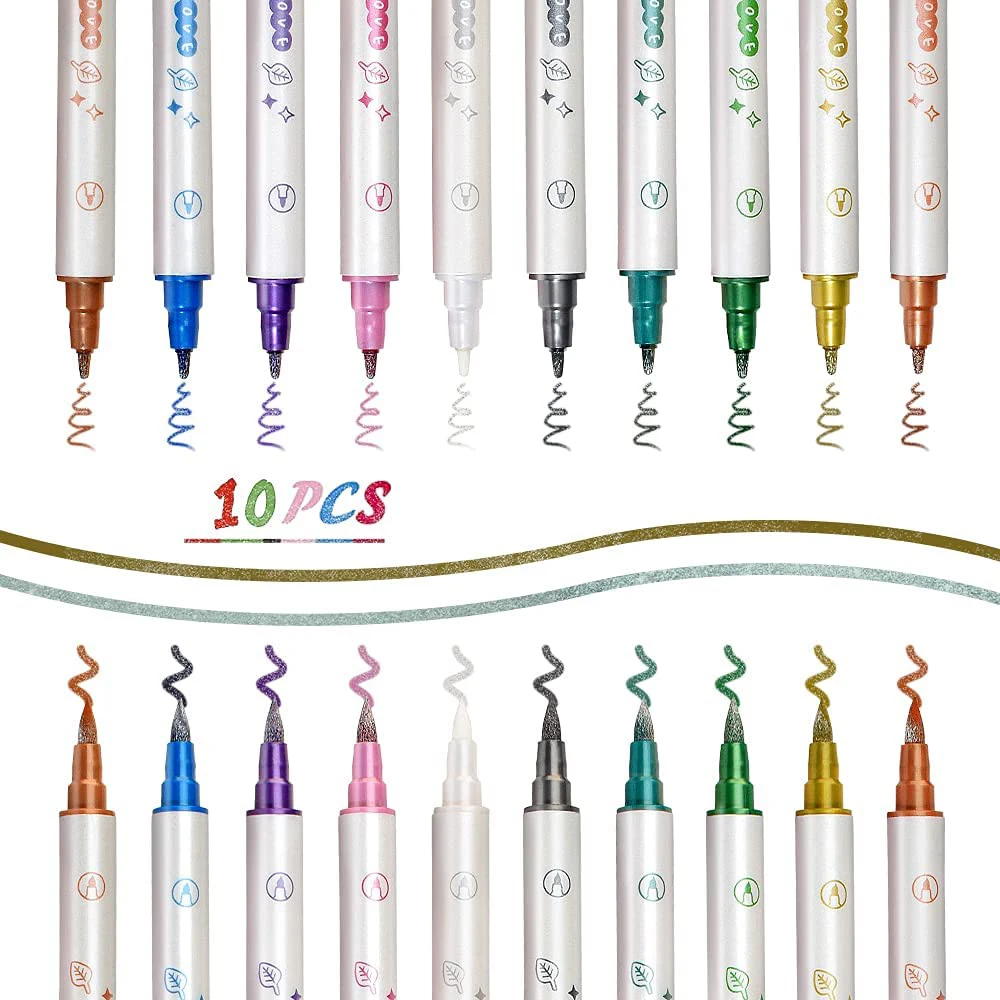 Metallic Dual Tip Marker Pens, Doodle Dazzle Paint Markers Set of 10 Vibrant Colors Permanent Markers Suitable for Rock Painting