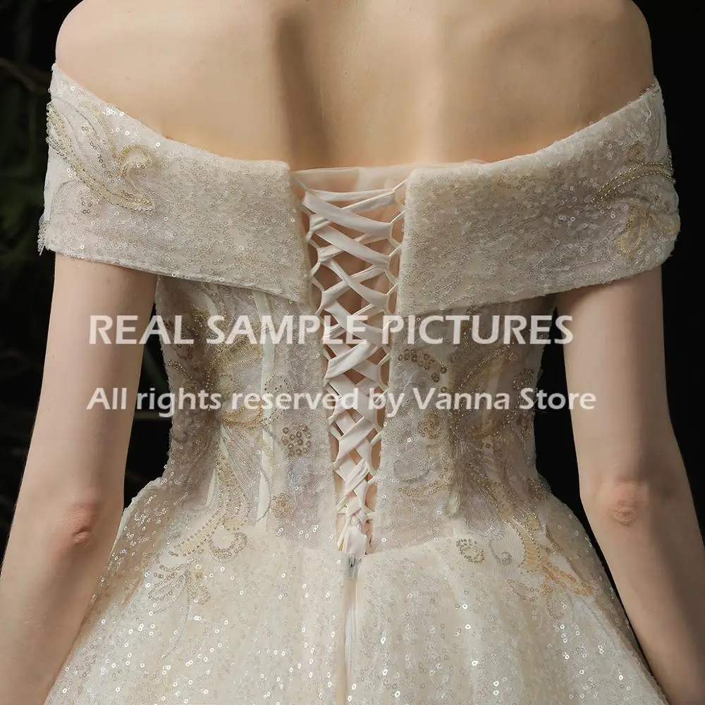 

Off The Shoulder Wedding Ball Gown Bling Sequins Women Lace Up Zipper 2020 Full Length Formal Ceremony Luxury Bridal Dress #8001